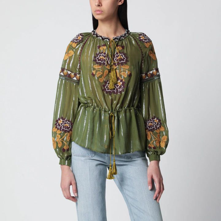 Valentino - Embroidered lurex silk shirt green camou