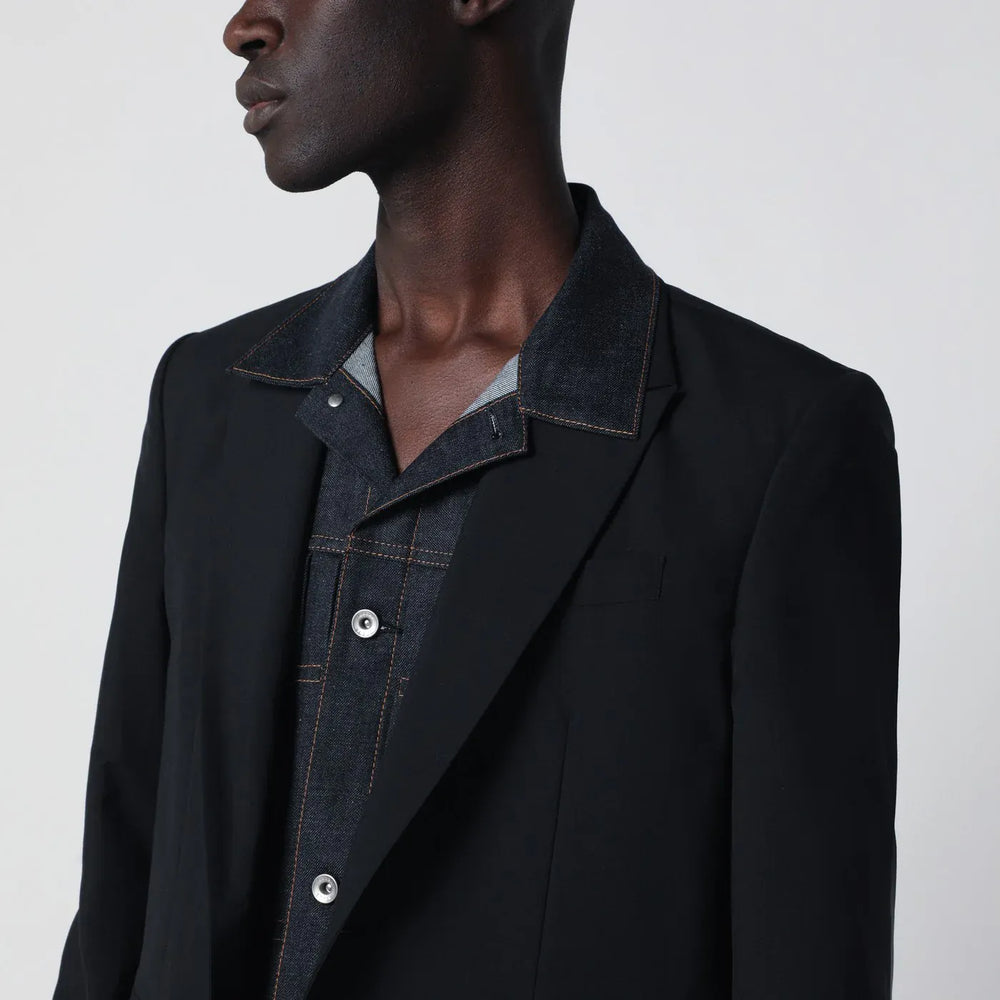 Sacai - Black single-breasted jacket with denim insert Brand Apparel & Accessories > Clothing > Outerwear > Coats & Jackets