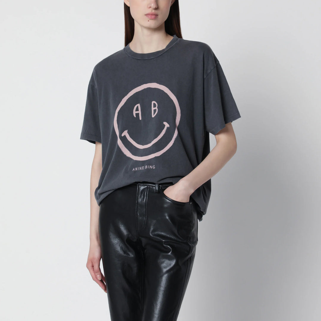 ANINE BING - Cade Tee Smiley graphic cotton T-shirt in Washed Grey Brand Apparel & Accessories > Clothing > Shirts & Tops XS