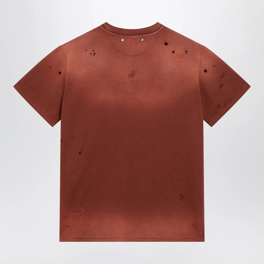 Golden Goose - Rust-colored cotton T-shirt with floral print Brand Apparel & Accessories > Clothing > Shirts & Tops XS