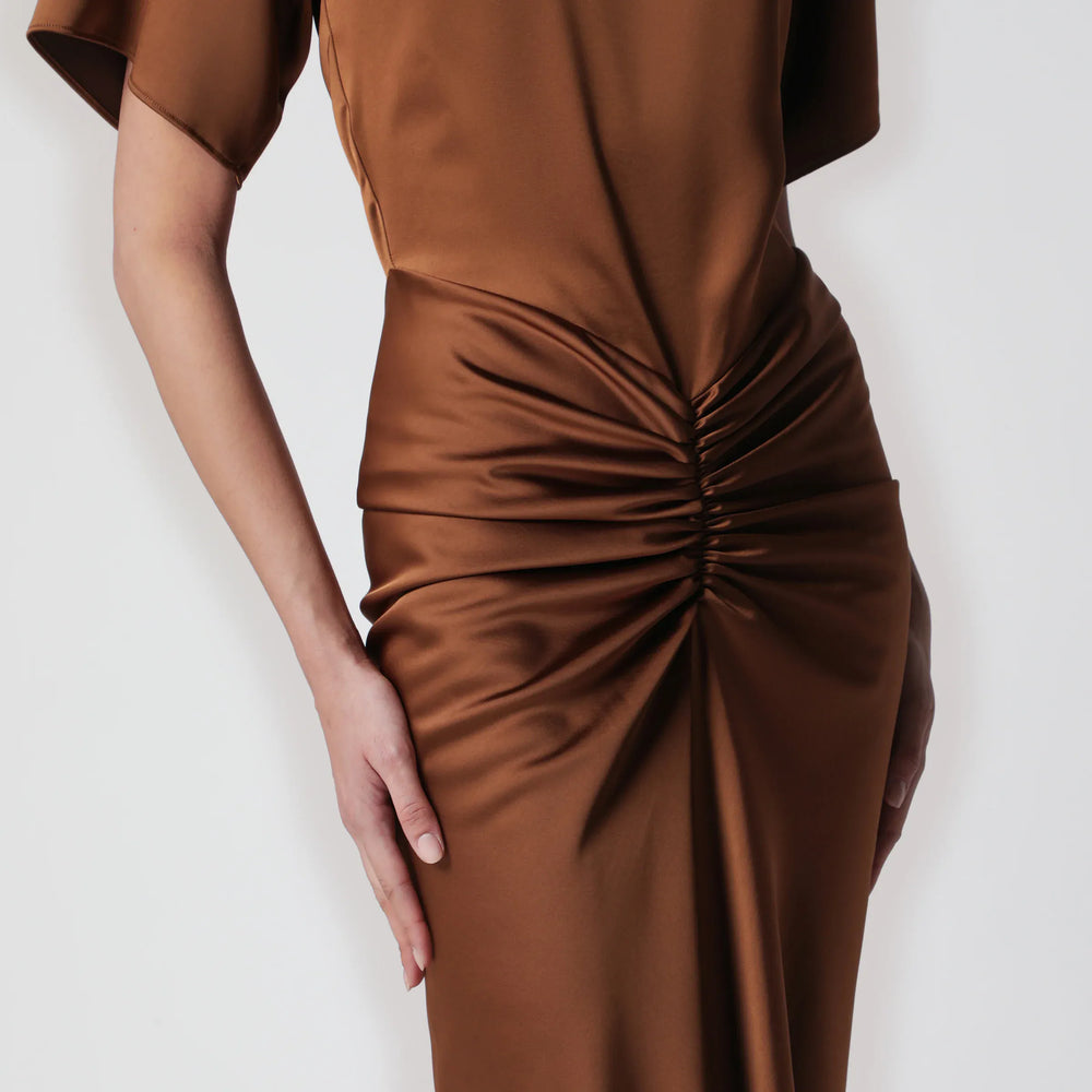 THE ANDAMANE - Long Iris dress in bronze with gathered waist Brand Apparel & Accessories