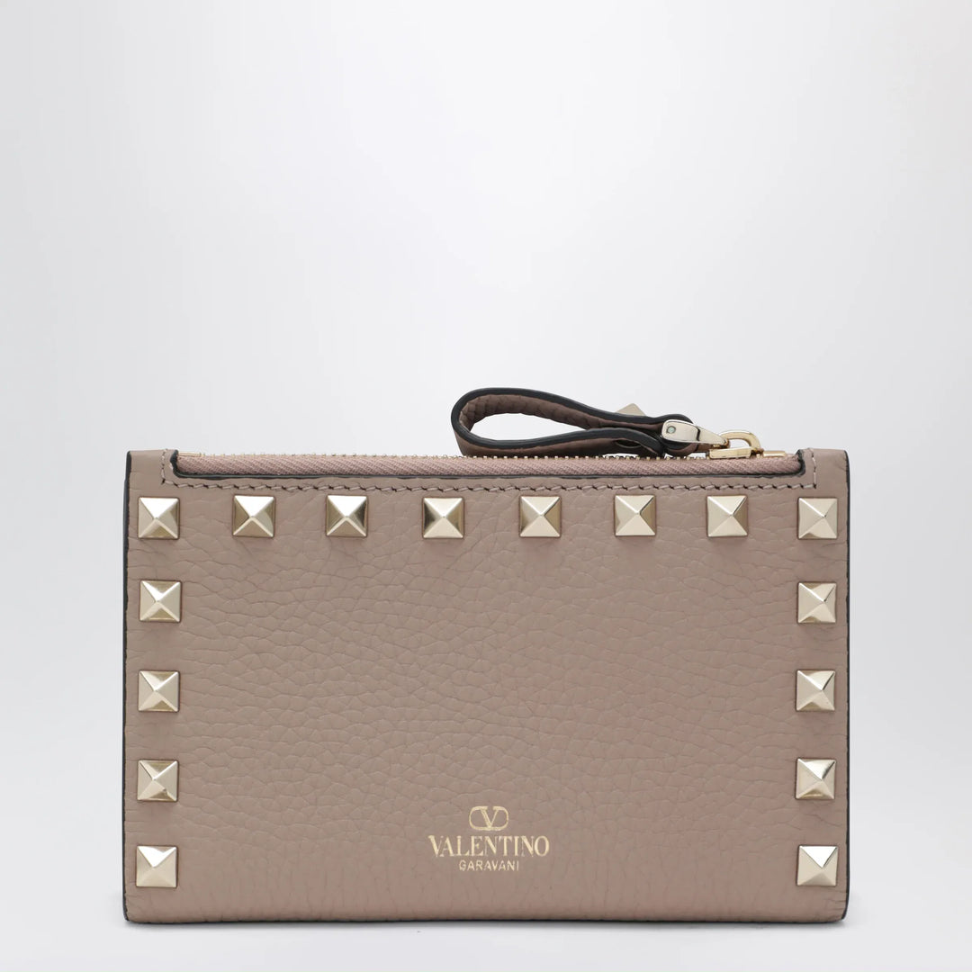Valentino - Powder Pink Leather Rockstud Zip Card Holder Brand Apparel & Accessories TU