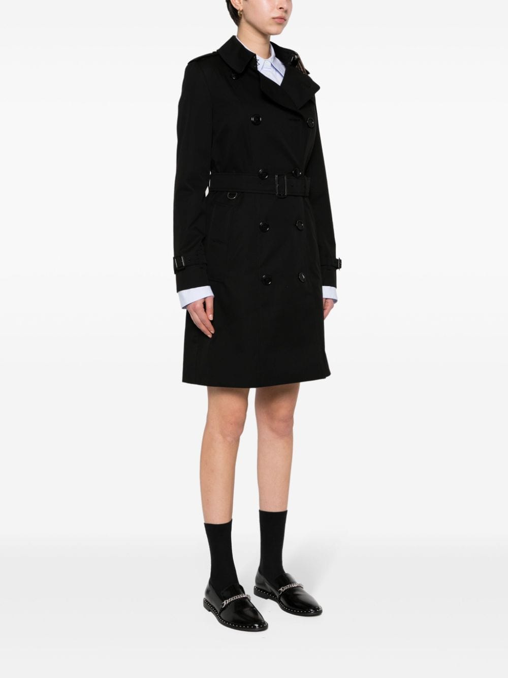 Burberry Coats 4 Burberry Gabardine Coat Burberry black gabardine trench coat with logo-engraved buttons and waist belt. Brand