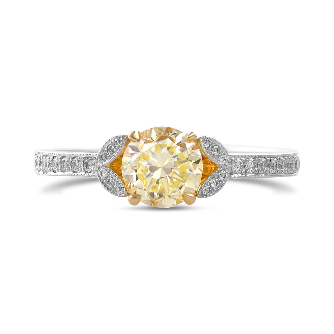 Fancy Yellow Round & Pave Side Stone Diamond Ring Brand Ring