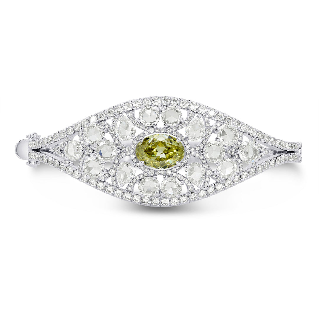 Extraordinary Grayish Greenish Yellow Oval & Rose-cut Diamond Bangle